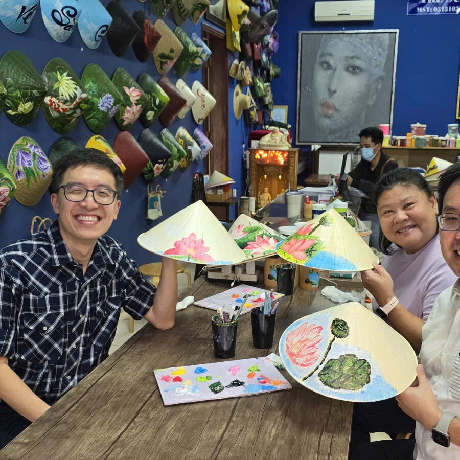 Vietnam river landscape painted on a conical hat as a travel souvenir