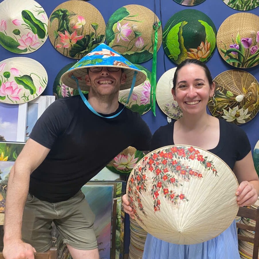 Vietnam river landscape painted on a conical hat as a travel souvenir