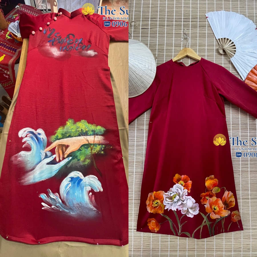 Artist hand-painting a design onto an ao dai