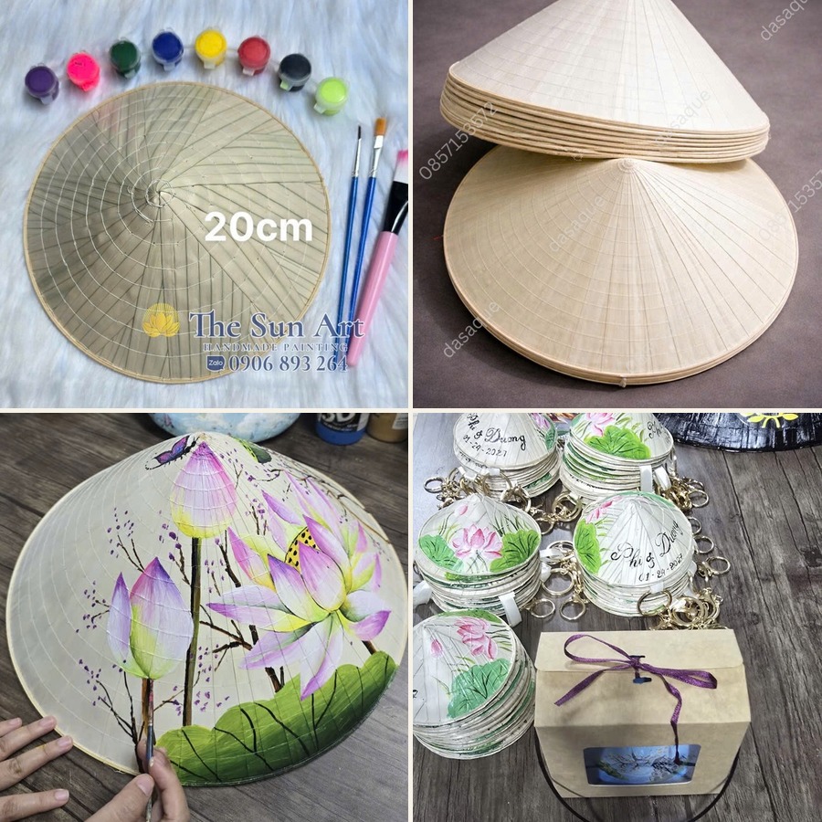 Hand-painted lotus flower conical hat, an example of custom conical hat design for corporate and wedding gifts