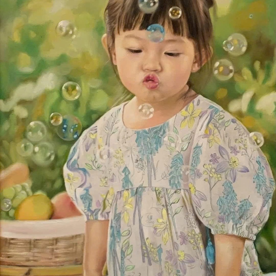 Custom oil portrait painting of a little girl blowing bubbles, created from a photo