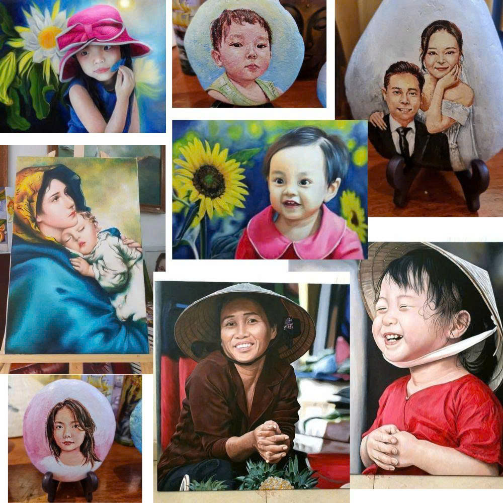 Custom hand-painted portraits on canvas and stone: children, families, and wedding couples – Vietnam art studio