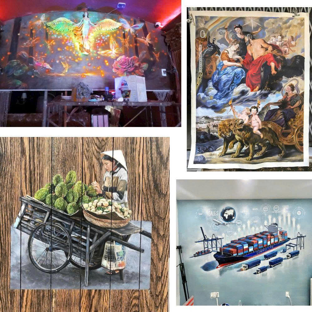 Custom wall murals and hand-painted decor: exterior village mural, ceramic vase calligraphy, indoor lotus mural, painted stones, and floral scarfpaintings: glow-in-the-dark fairy mural, classical reproduction, street vendor wood panel, and corporate logistics mural