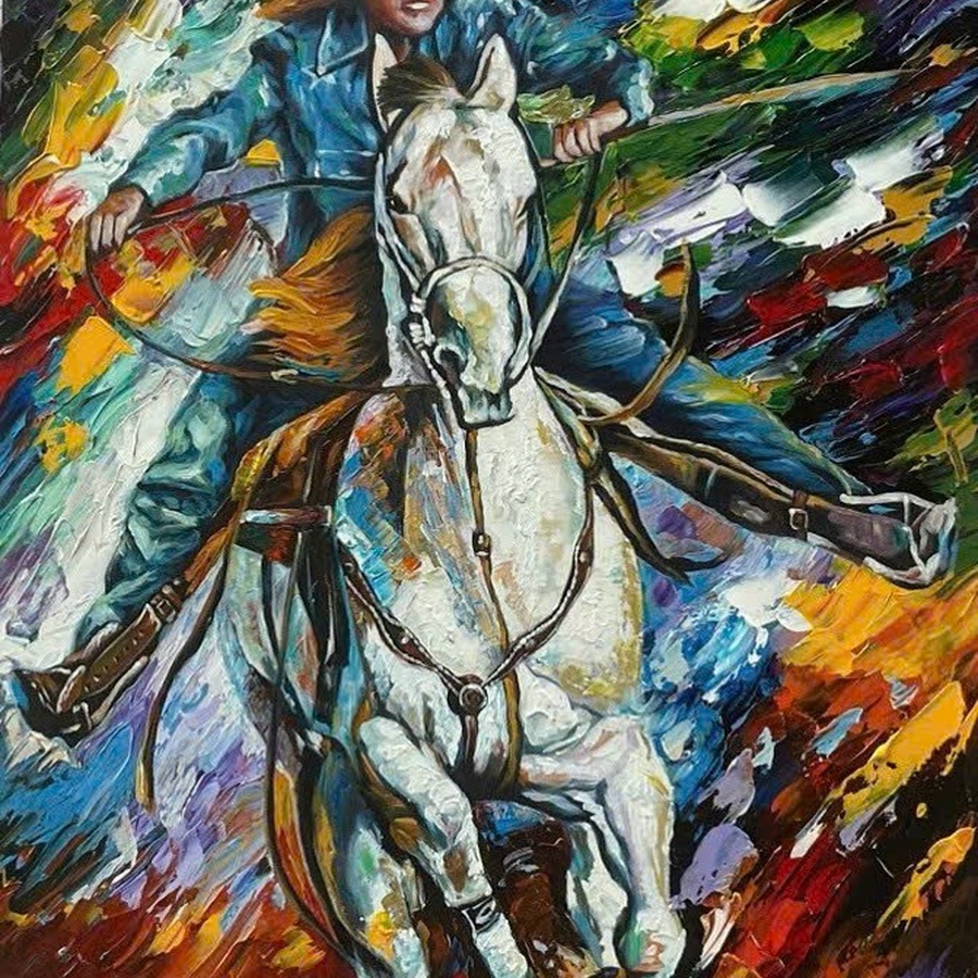 Custom oil painting of a cowboy riding a galloping white horse in palette knife style