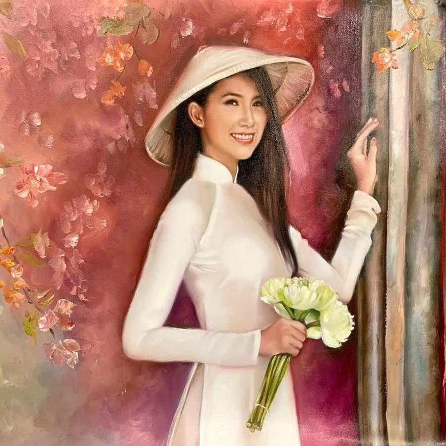 Portrait oil painting of a smiling Vietnamese woman in a white ao dai and conical hat holding lotus flowers