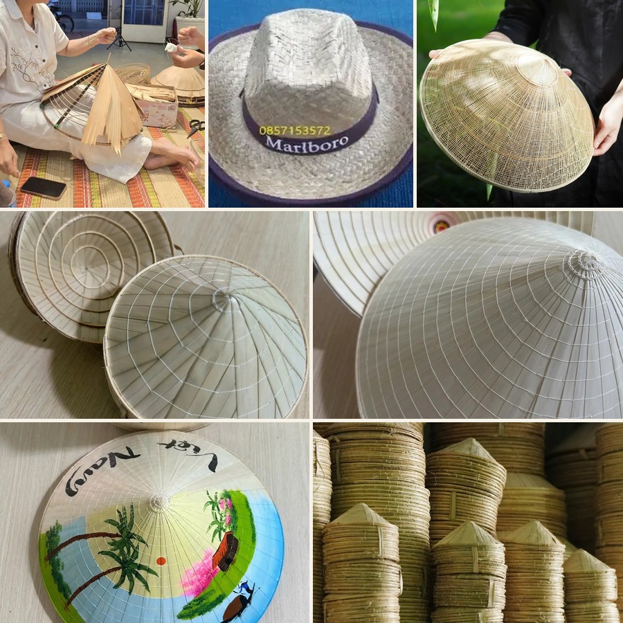Handcrafted conical hats from a trustworthy production workshop, showing plain hats, weaving detail, and hand-painted designs