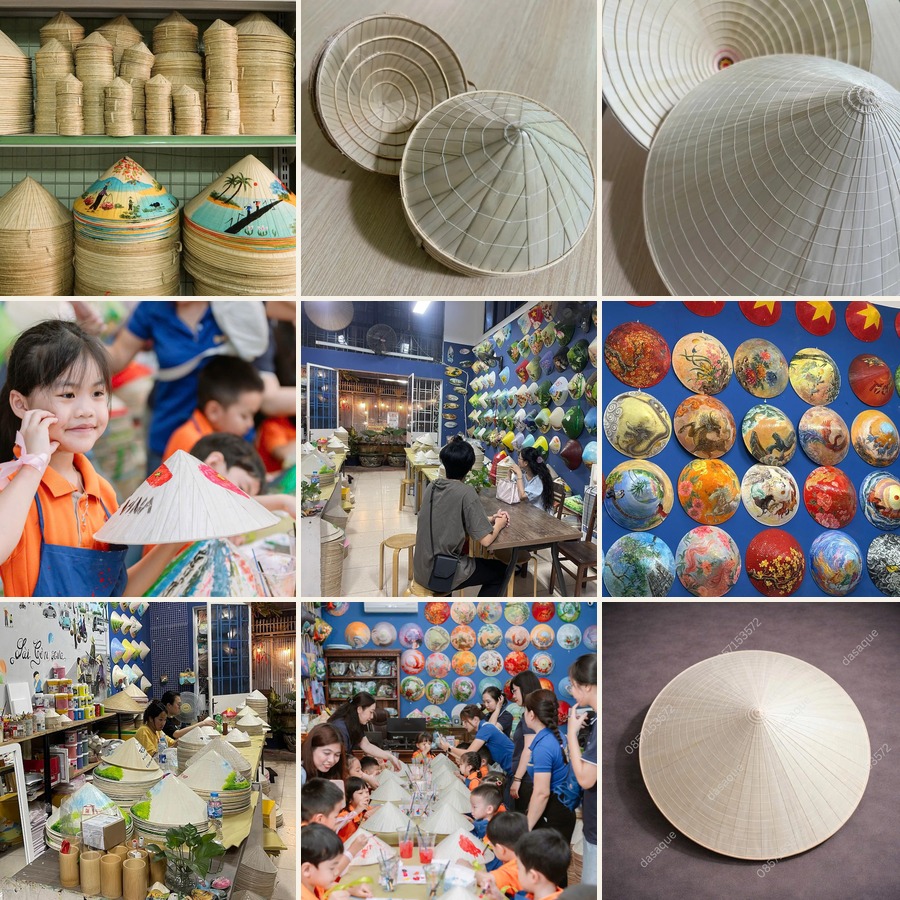 A trustworthy conical hat painting workshop experience, with a gallery of hand-painted designs and children painting their own hats