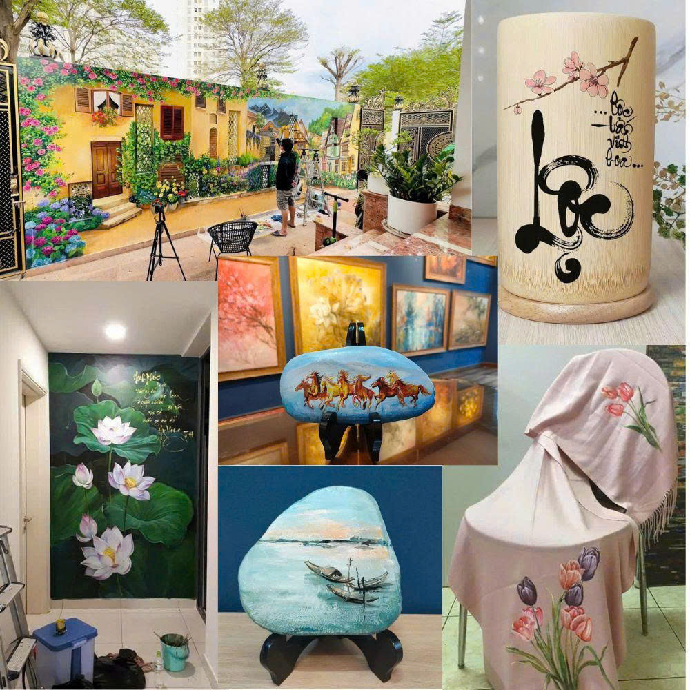 Hand-painted Vietnamese landscape and flower oil paintings: countryside scenes, lotus, cherry blossoms, and Hoi An old town
