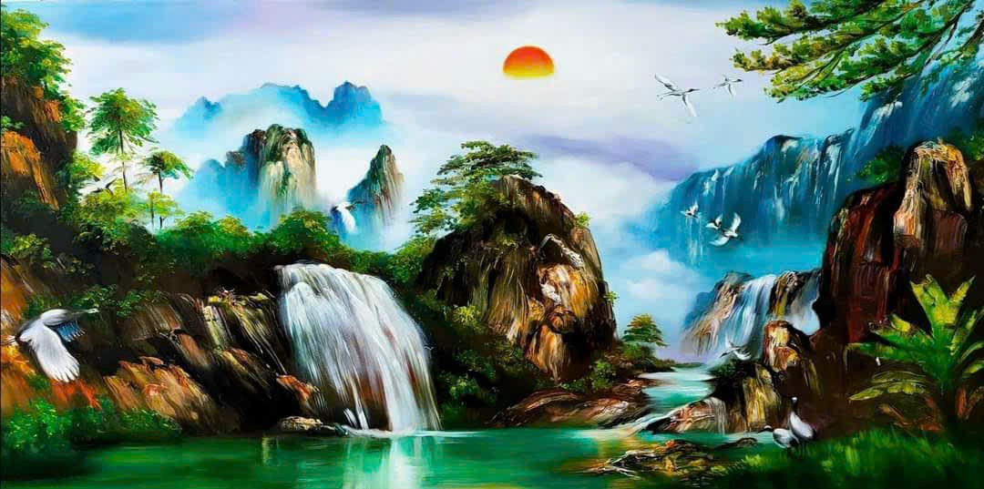 Premium hand-painted wall mural of a herd of horses running through a river with a waterfall backdrop