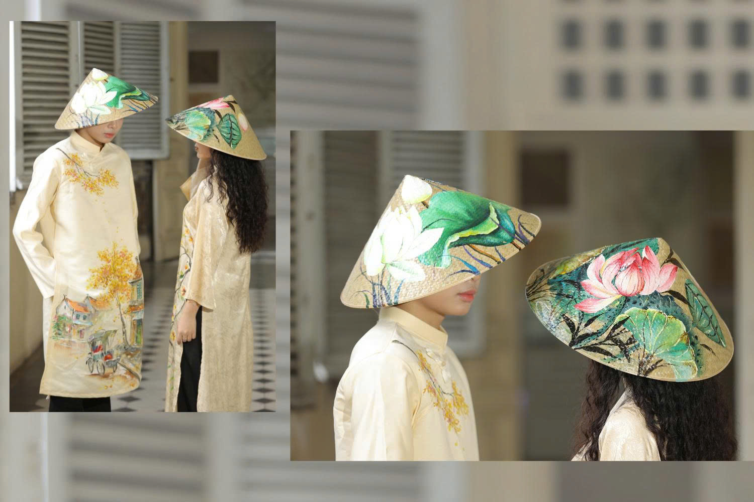 Hand-painted ao dai conical hat set, custom made in Vietnam