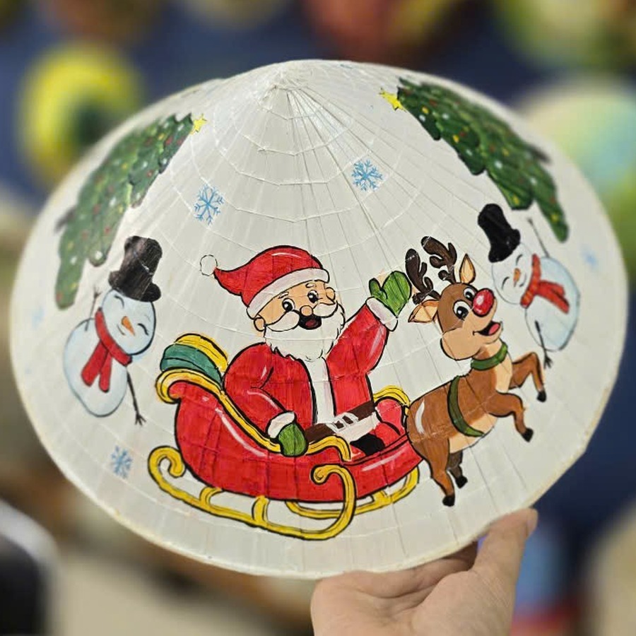 Hand-painted Christmas conical hat with Santa Claus, reindeer and snowmen